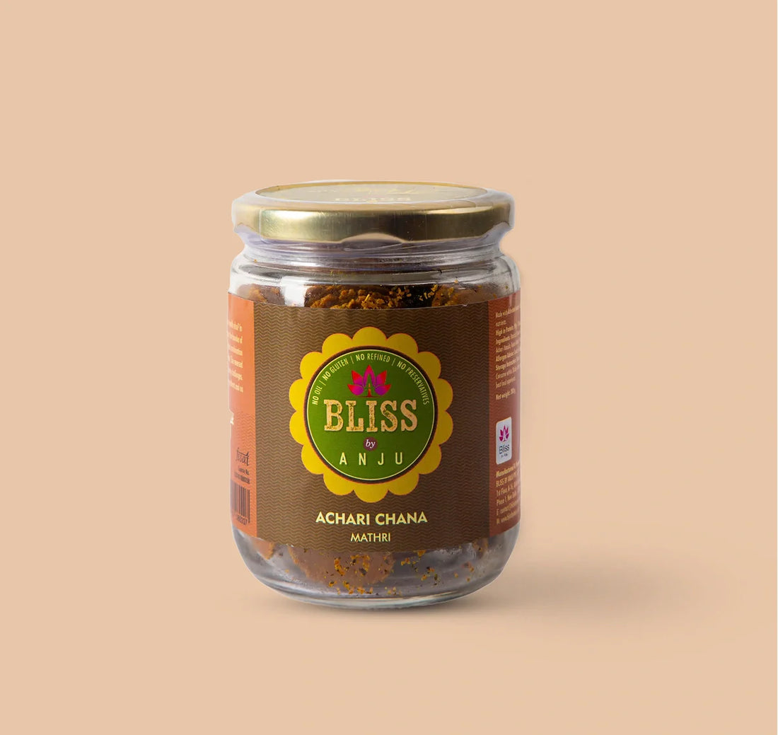 Mathri | Achari Channa Mathri -Gluten Free - Plant Based Whole Food - Oil Free, Lactose Free & No Added Preservatives - Bliss Box Food - 200gm