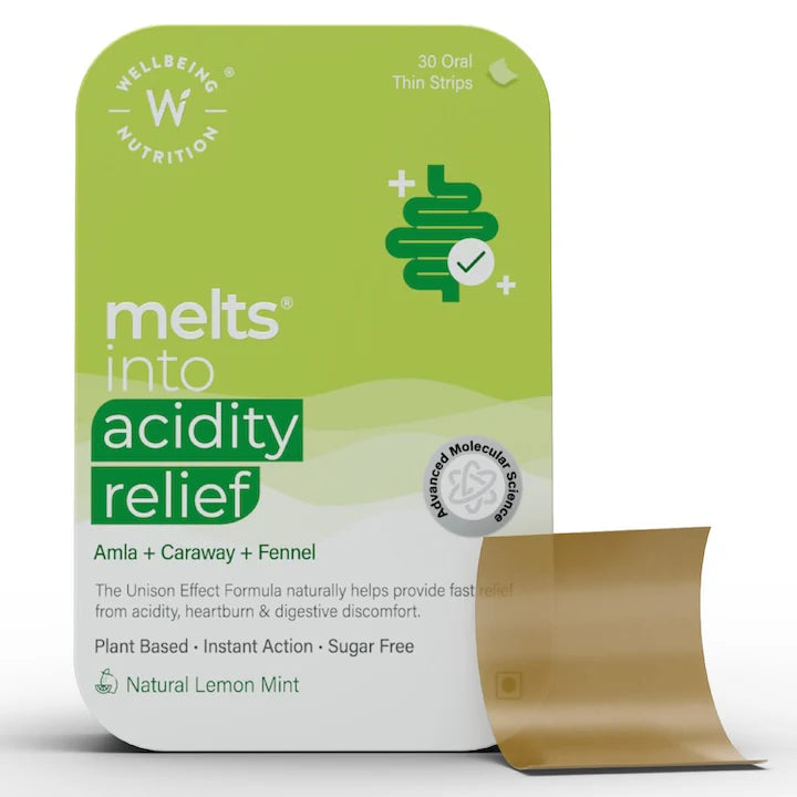 Acidity Relief | (Natural Lemon Mint) - Amla + Caraway + Fennel - Instant Action - USDA Organic - Sugar Free – Wellbeing Nutrition – 30 Oral Strips