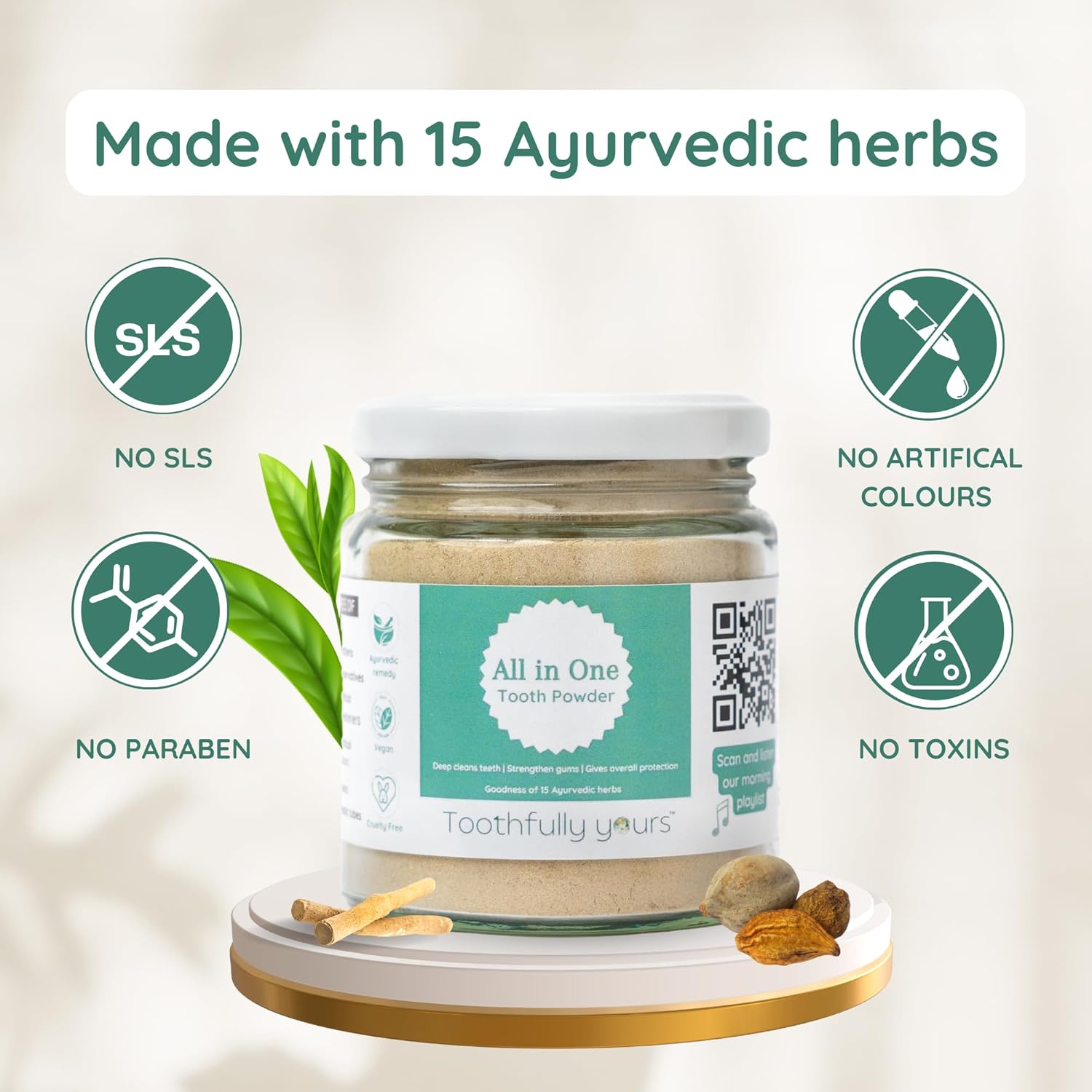 Tooth Powder | All in One Tooth Powder (Goodness Of 15 Ayurvedic Herbs) - Deep Cleans Teeth - Strengthen Gums - Gives Overall Protection - Vegan, Cruelty Free, Ayurvedic Friendly, SLS free &amp; Fluoride free - Toothfully Yours - 125gm