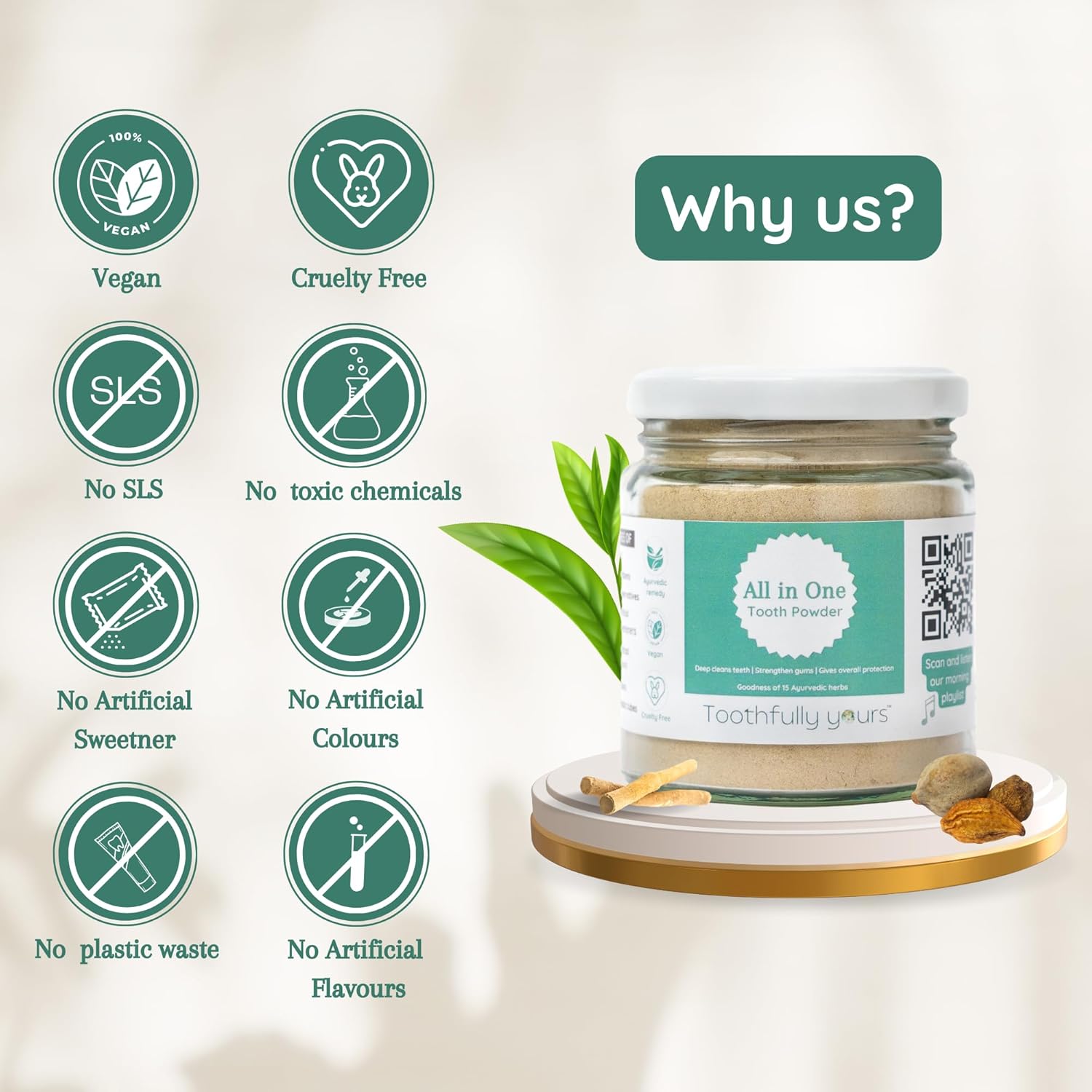 Tooth Powder | All in One Tooth Powder (Goodness Of 15 Ayurvedic Herbs) - Deep Cleans Teeth - Strengthen Gums - Gives Overall Protection - Vegan, Cruelty Free, Ayurvedic Friendly, SLS free &amp; Fluoride free - Toothfully Yours - 125gm