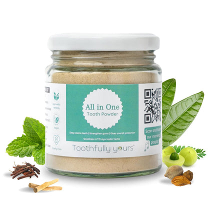 Tooth Powder | All in One Tooth Powder (Goodness Of 15 Ayurvedic Herbs) - Deep Cleans Teeth - Strengthen Gums - Gives Overall Protection - Vegan, Cruelty Free, Ayurvedic Friendly, SLS free &amp; Fluoride free - Toothfully Yours - 125gm