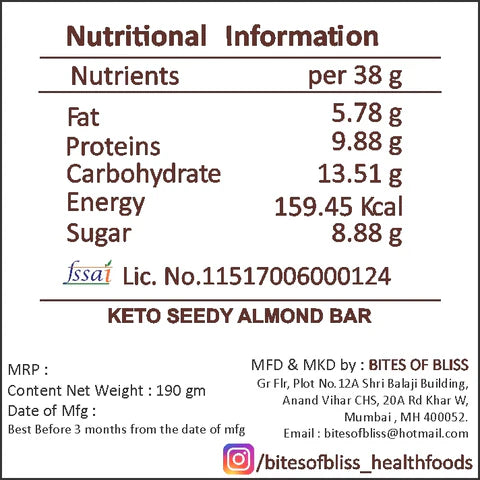 Almond Bar | Keto - Seedy Almond Bar - High In Protein, No Added Preservatives, Additives &amp;amp; No Added Artificial Colors Or Flavours - Bites Of Bliss – 190gm