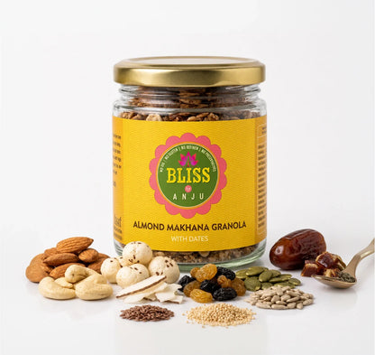 Granola | Almond Makhana Granola With Dates - Plant Based Whole Food - Oil Free, No Added Preservatives, Lactose Free &amp; Diabetic Friendly - Bliss Box Foods - 250gm