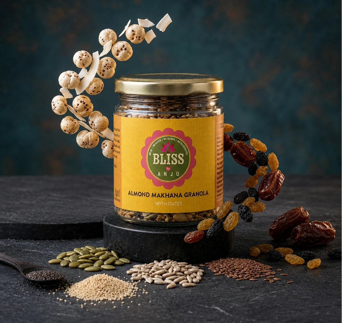 Granola | Almond Makhana Granola With Dates - Plant Based Whole Food - Oil Free, No Added Preservatives, Lactose Free &amp; Diabetic Friendly - Bliss Box Foods - 250gm