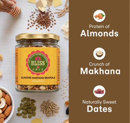 Granola | Almond Makhana Granola With Dates - Plant Based Whole Food - Oil Free, No Added Preservatives, Lactose Free &amp; Diabetic Friendly - Bliss Box Foods - 250gm