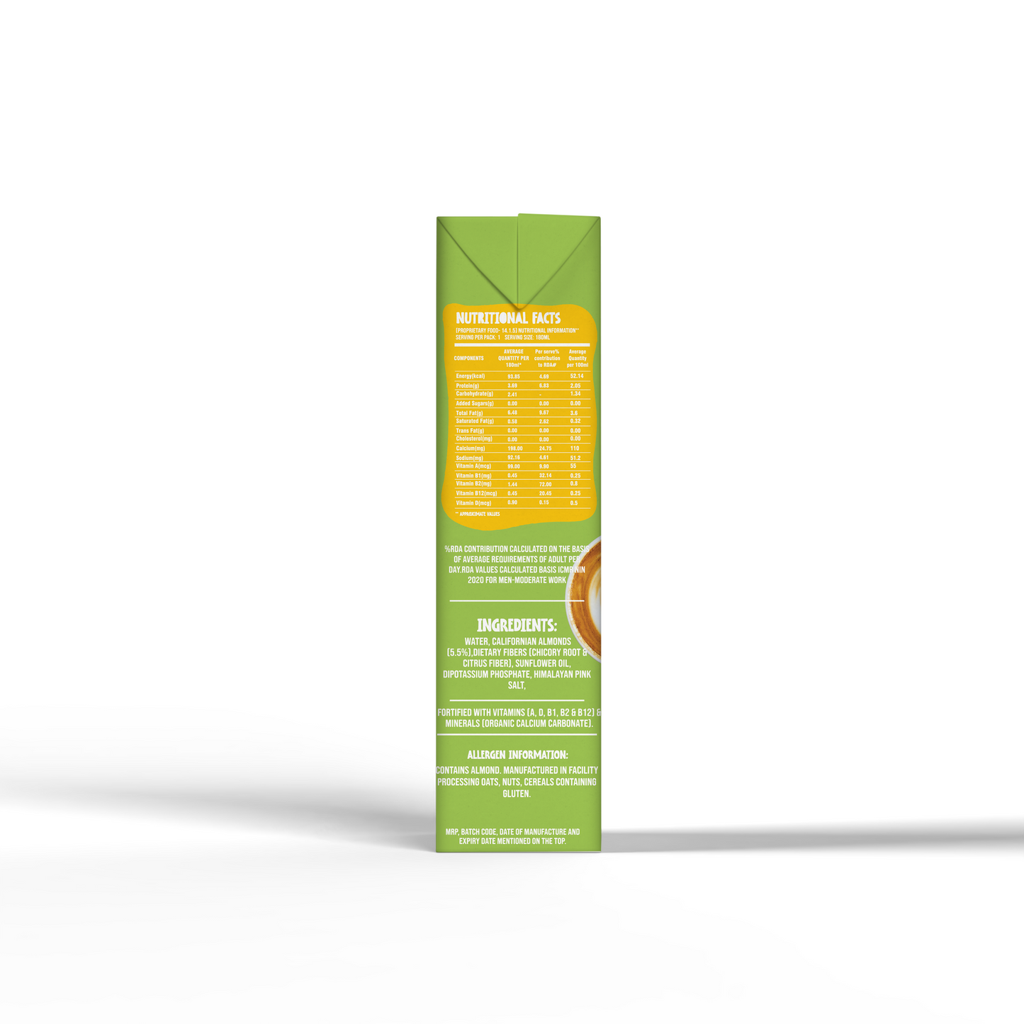 Almond Drink | Barista Edition (Made Using Californian Almonds) – 80% More Protein &amp; Dietary Fibers – Cruelty Free, Soya Free, Non Gmo, No Added Sugar, Preservatives, Cholesterol, No Artificial Flavors &amp; Colors – VDC – 180ml