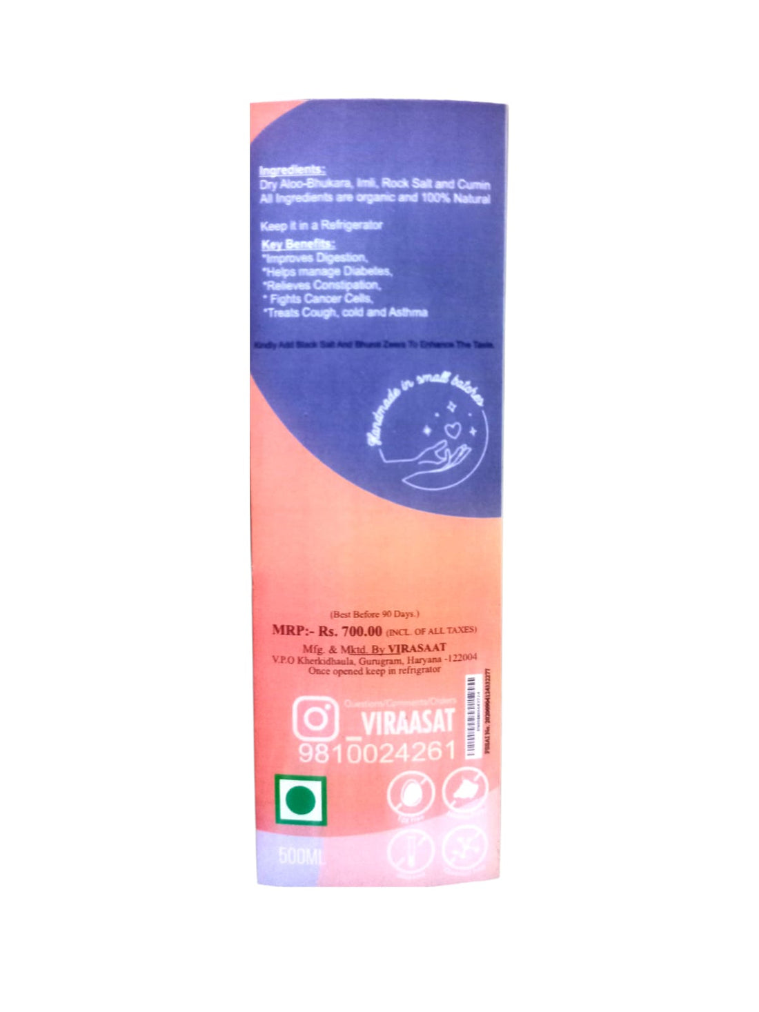 Sharbat | Aloo Bukhara Imli Sharbat - 100% Natural - No Added Sugar, Flavours, Colours & No Added Preservatives - Viraasat - 500ml
