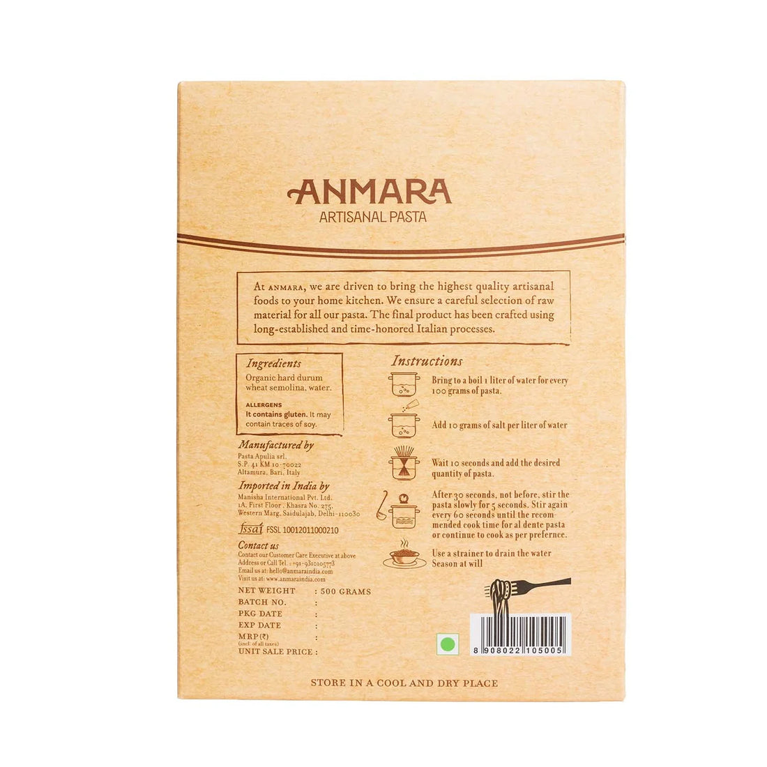 Pasta | Paccheri Rigate Pasta- Organic Artisanal Premium Ridged Hard Durum Wheat Pasta - Anmara - 500gm
