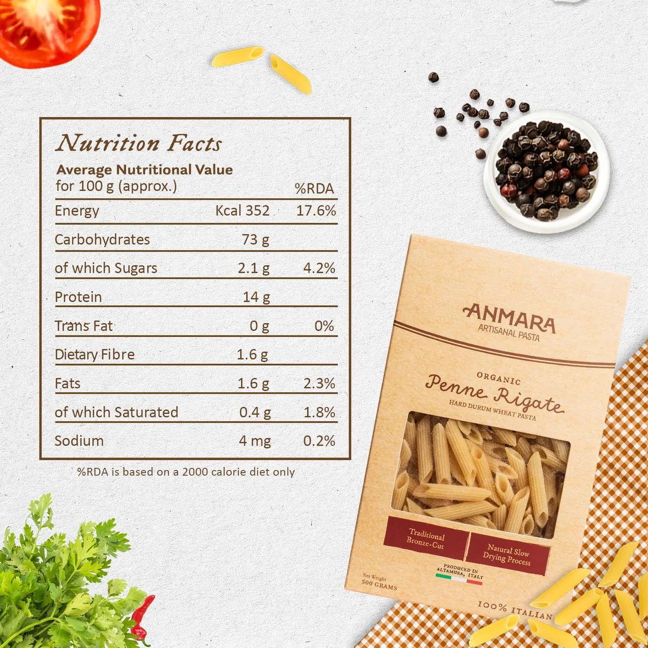 Pasta | Penne Rigate (Hard Durum Wheat Pasta) - 100% Italian - Anmara – 500gm