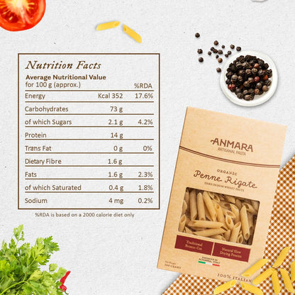 Pasta | Penne Rigate (Hard Durum Wheat Pasta) - 100% Italian - Anmara – 500gm