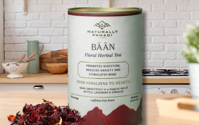 Tea | Baan - Floral Herbal Tea (A Perfect Blend Of Nettle Lavender & Hibiscus) - Promotes Digestion Reduce Anxiety And Simulates Mind - Naturally Grown - Sugar Free, Caffeine Free & Chemical Free - Naturally Pahadi - 30gm
