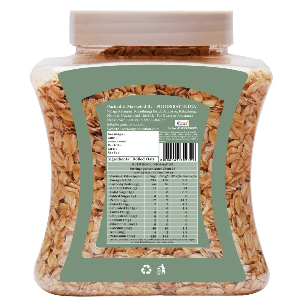 Oats| Rolled Oats - Gluten Free-100% Natural High In Fiber-Vegan &amp; Natural-No Added Preservatives, No Added Sugar - Organic Nation - 600gm