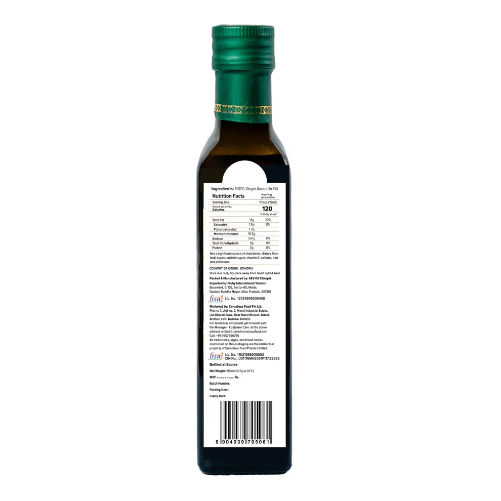 Avocado Oil | Virgin Avocado Oil - High Eating Cooking Oil – 100% Cold Pressed – Conscious Food – 250ml