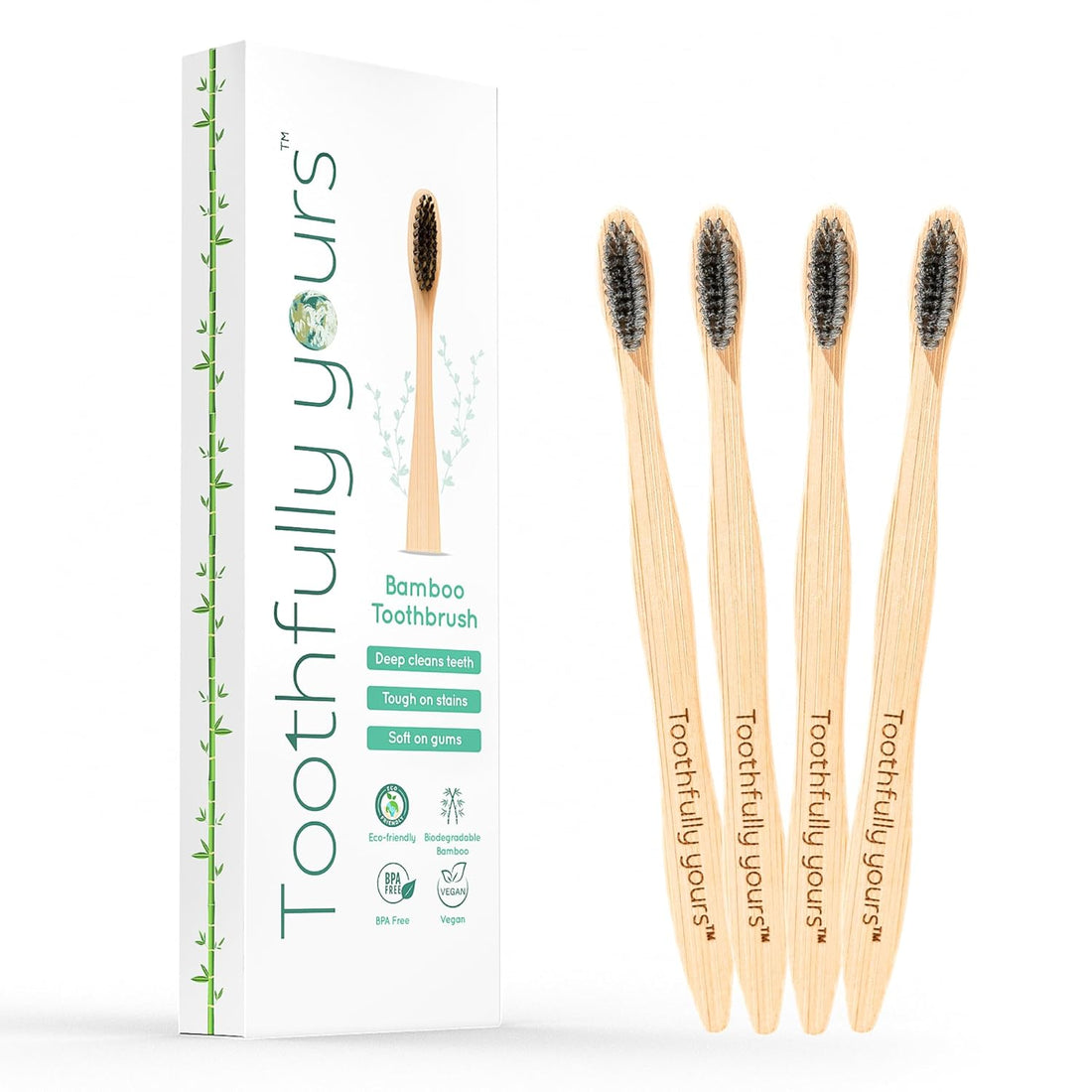 Toothbrush | Bamboo Toothbrush - Deep Cleans Teeth - Tough On Stains - Soft On Gums - Eco Friendly - Vegan - Toothfully Yours - Pack Of 4 Pack of 4 Adult Toothbrushes