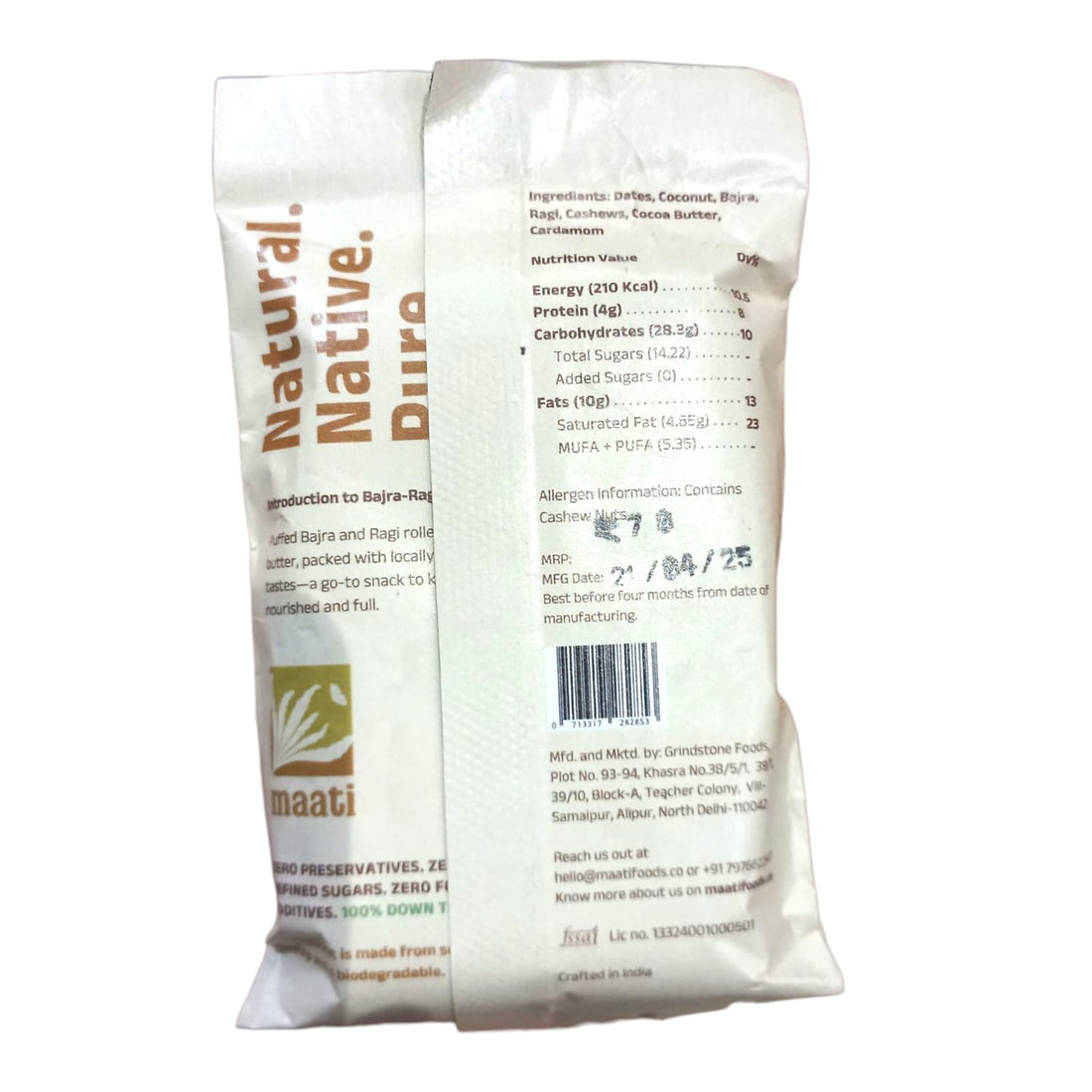 Bar | Bajra Ragi Coconut Cardamom Bar - No Added Preservatives &amp; No Refined Sugar - matti - 52gm