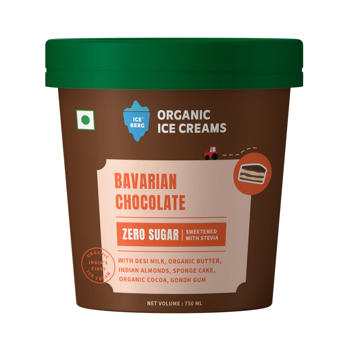 Ice Cream | Bavarian Chocolate Ice Cream (Zero Sugar, Sweetened with Stevia ) - Made From Desi Milk , Gondh Gum, Organic Butter, Nutty Vanilla, Bavarian Chocolate - Churned with authentic & Real Ingredients - Iceberg Organic Ice Cream - 750ml