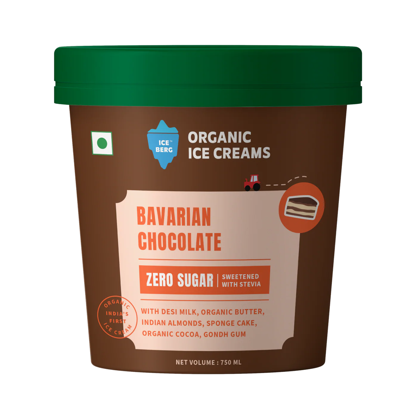 Ice Cream | Bavarian Chocolate Ice Cream (Zero Sugar, Sweetened with Stevia ) - Made From Desi Milk , Gondh Gum, Organic Butter, Nutty Vanilla, Bavarian Chocolate  - Churned with authentic &amp; Real Ingredients - Iceberg Organic Ice Cream - 750ml
