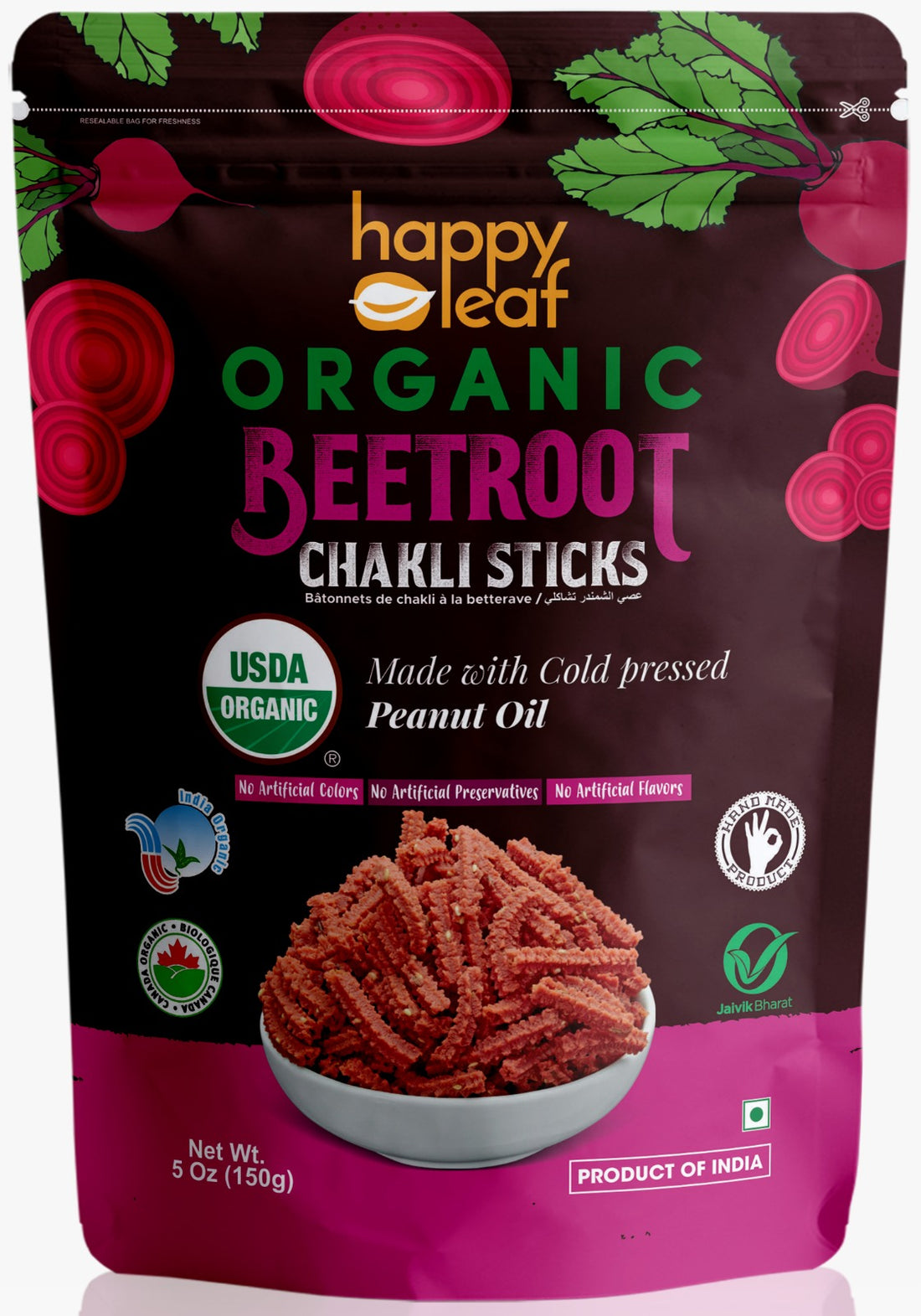Chakli Sticks | Beetroot (Made With Cold Pressed Peanut Oil) - USDA Organic - No Artificial Color & No Artificial Preservatives - Happy Leaf - 170gm