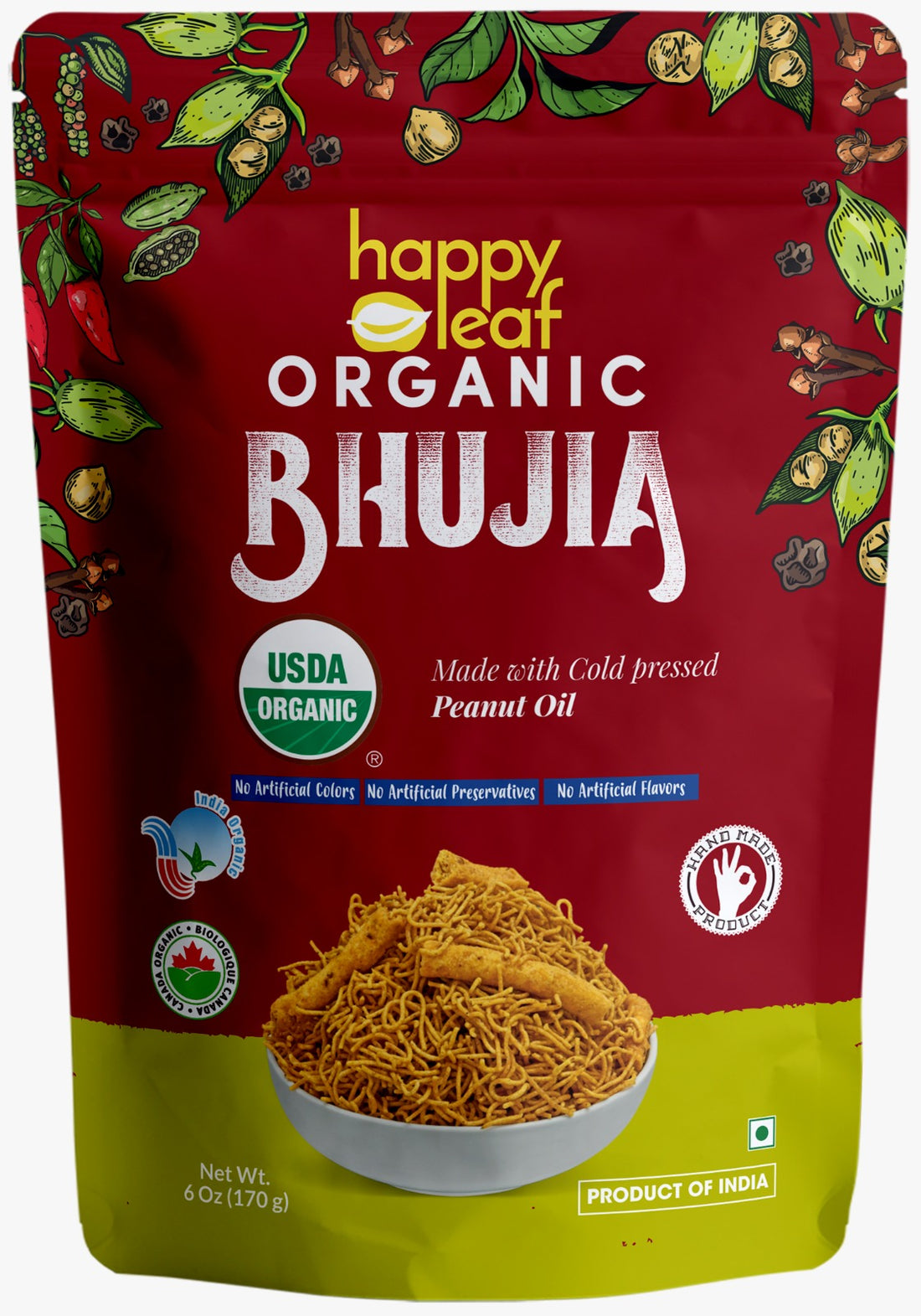 Bhujia | (Made With Cold Pressed Peanut Oil) – USDA Organic – No Artificial Color & No Artificial Preservatives – Happy Leaf – 170gm