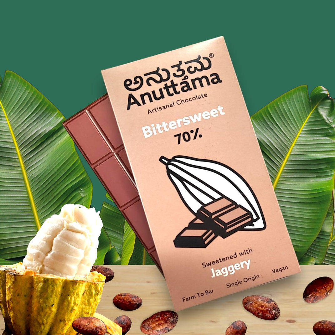 Chocolate | Bitter Sweet (Sweetened With Jaggery) – 70% Cocoa – Artisanal – Farm To Bar – Single Origin – Vegan, Gluten Free, No Artificial Flavors, Oils, Preservatives & Additives – Anuttama Artisanal Chocolate – 50gm