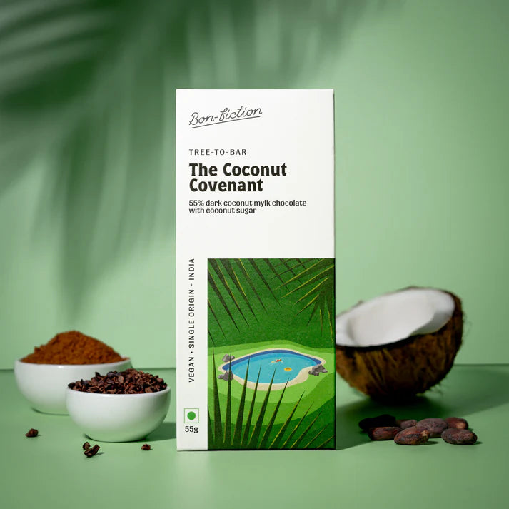 Milk Chocolate | The Coconut Covenant 55% Coconut Mylk &amp; Coconut Sugar – Tree To Bar – Single Origin – 100% Natural – Vegan, Gluten Free, Palm Oil Free, Non GMO, No Artificial Flavour &amp; No Added Preservatives - Vegan – Bon-Fiction – 55gm