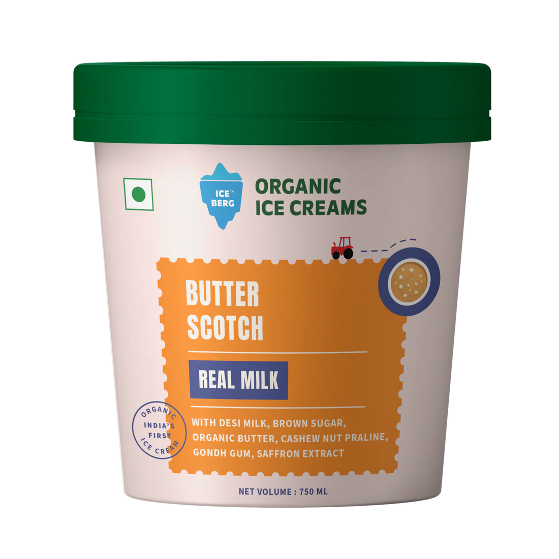 Ice Cream | Butter Scotch Ice Cream (Made From Real Milk, Gondh Gum, Organic Butter, Butter Scotch ) - Churned with authentic & Real Ingredients - Iceberg Organic Ice Cream - 750ml