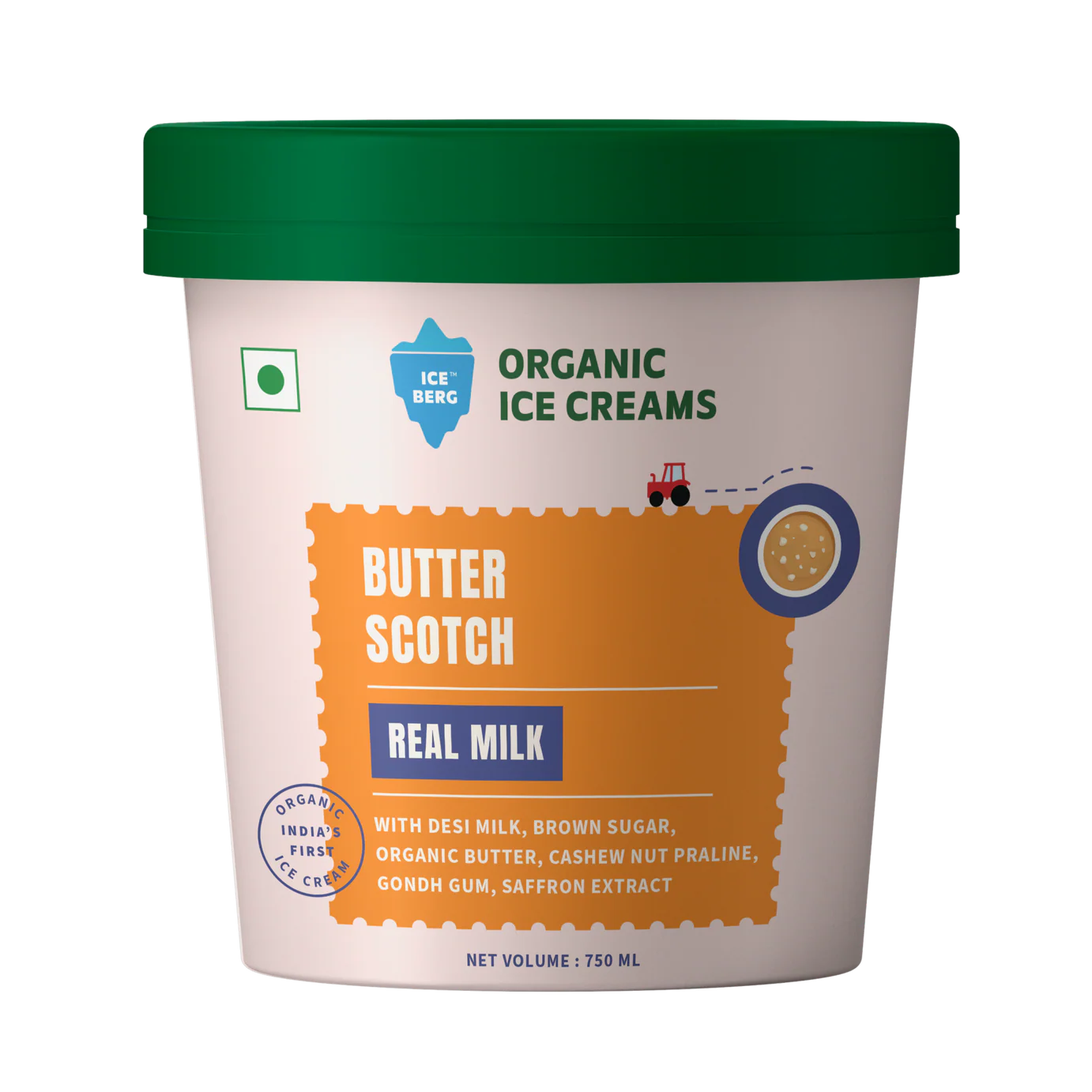 Ice Cream | Butter Scotch Ice Cream (Made From Real Milk, Gondh Gum, Organic Butter, Butter Scotch ) - Churned with authentic &amp; Real Ingredients - Iceberg Organic Ice Cream - 750ml