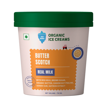 Ice Cream | Butter Scotch Ice Cream (Made From Real Milk, Gondh Gum, Organic Butter, Butter Scotch ) - Churned with authentic &amp; Real Ingredients - Iceberg Organic Ice Cream - 750ml