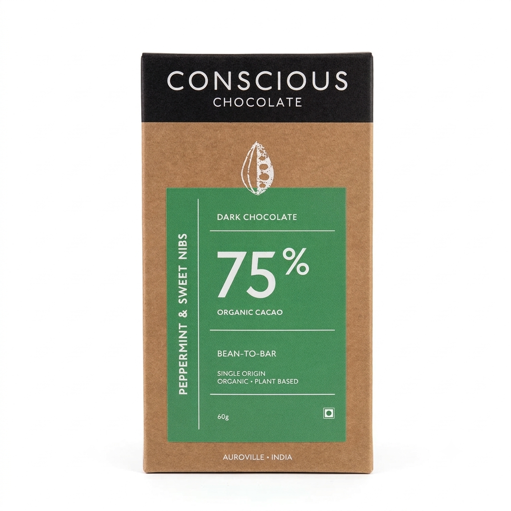 75% Peppermint & Sweet Nibs Dark Chocolate - Conscious Living - 60gm
