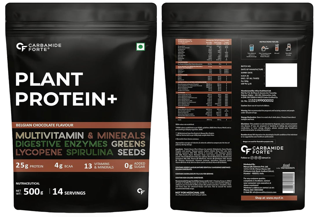 Protein Powder | Plant Based Protein Powder (With Multivitamin, Minerals, Superfoods, Pea Protein, Digestive Enzymes) - 25g Protein - Belgian Chocolate Flavour - No Added Sugar - Carbamide Forte - 500gm