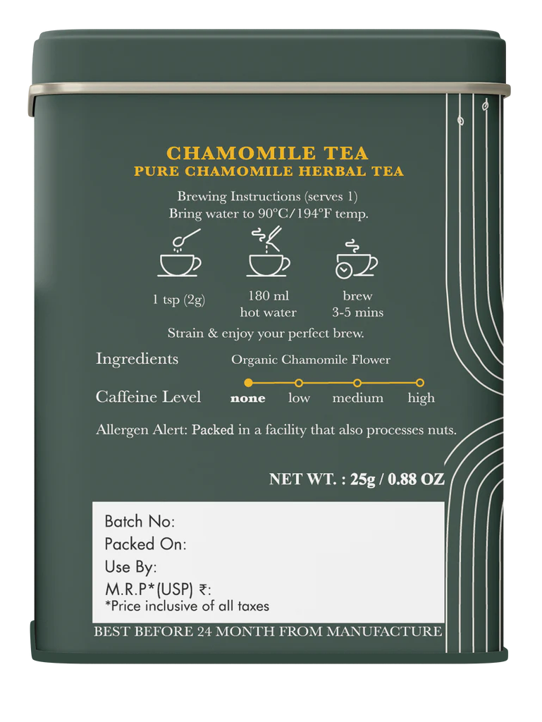 Herbal Tea | Chamomile Herbal Tea (Pure)   - Caffeine Free  – Sweet, Smooth, Aromatic - USDA Organic – Luxmi Estates – 25gm