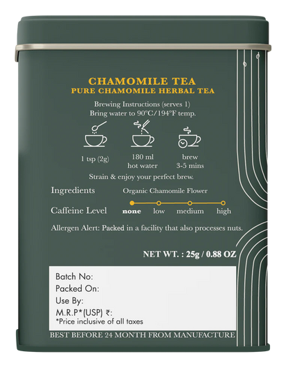 Herbal Tea | Chamomile Herbal Tea (Pure)   - Caffeine Free  – Sweet, Smooth, Aromatic - USDA Organic – Luxmi Estates – 25gm