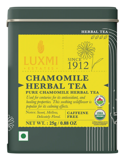 Herbal Tea | Chamomile Herbal Tea (Pure)   - Caffeine Free  – Sweet, Smooth, Aromatic - USDA Organic – Luxmi Estates – 25gm