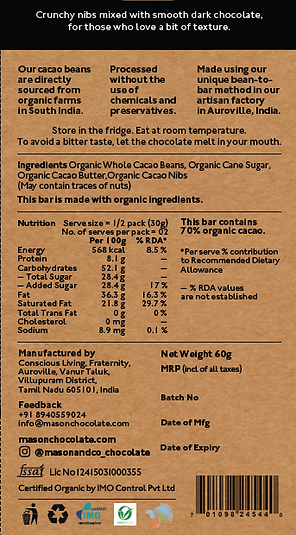 70% Cacao Chip Dark Chocolate - Vegan &amp;amp; Gluten Free - Mason &amp;amp; Co - 60gm