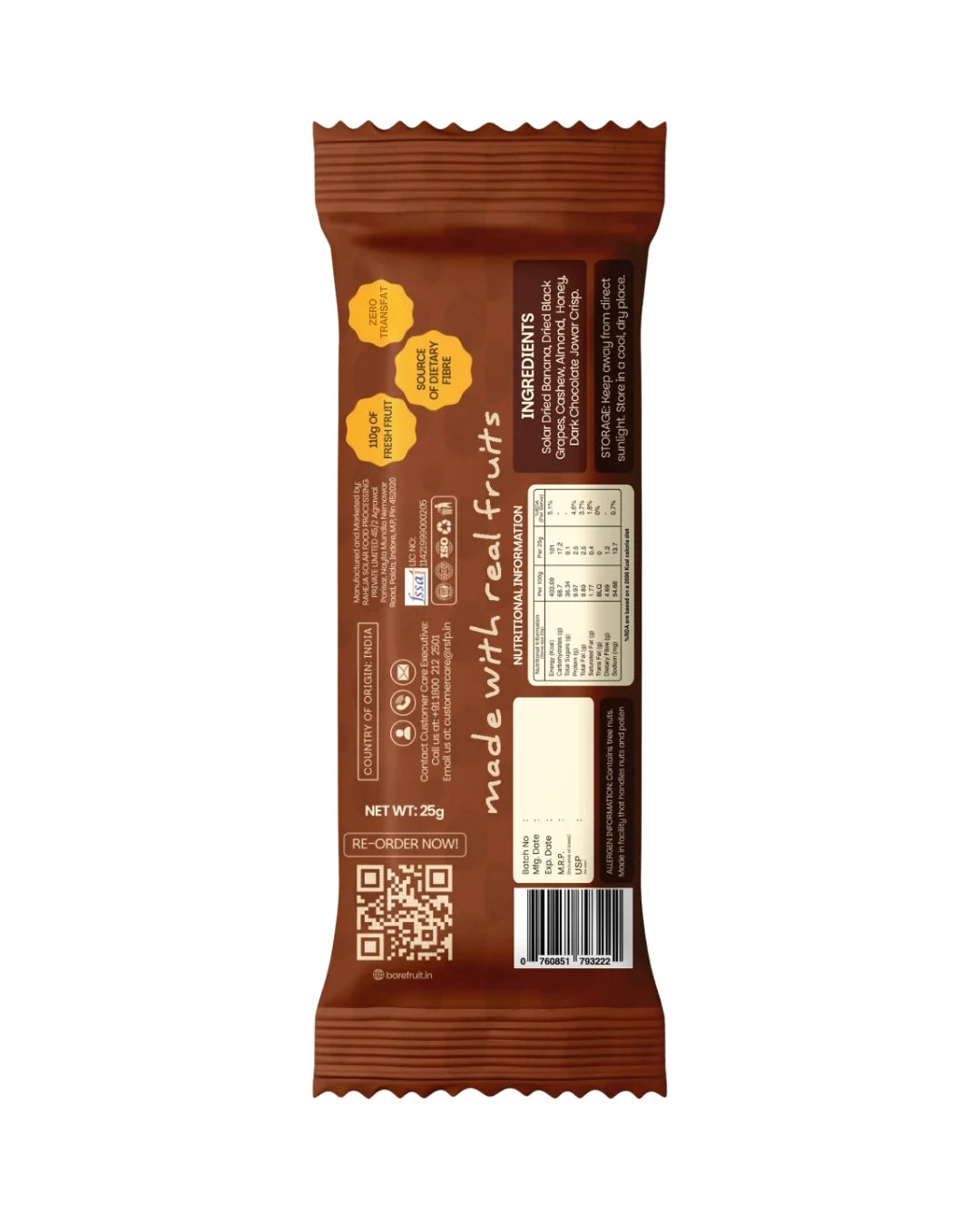 Bar | Chocolate Fruit Bar - Solar-Dried Fruits -Gluten-Free, 100% Real Ingredients -  No Added Sugar, &amp;amp; No Added Preservatives - Bare Fruit -25gm