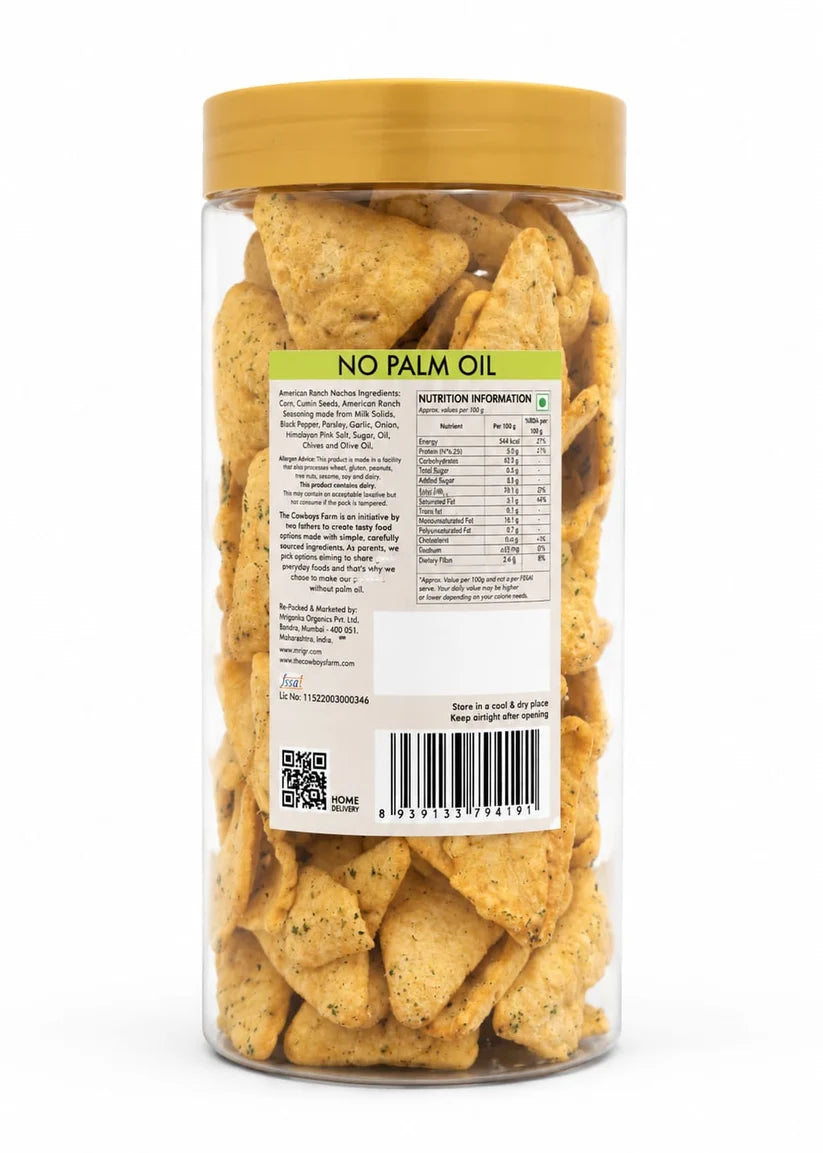 Nachos | American Ranch Nachos - Non Fried, Crispy  - Gluten Free, No Trans Fat, Palm Oil, No Artificial Color, Flavor &amp; Preservatives - The Cow boys Farm - 170gm