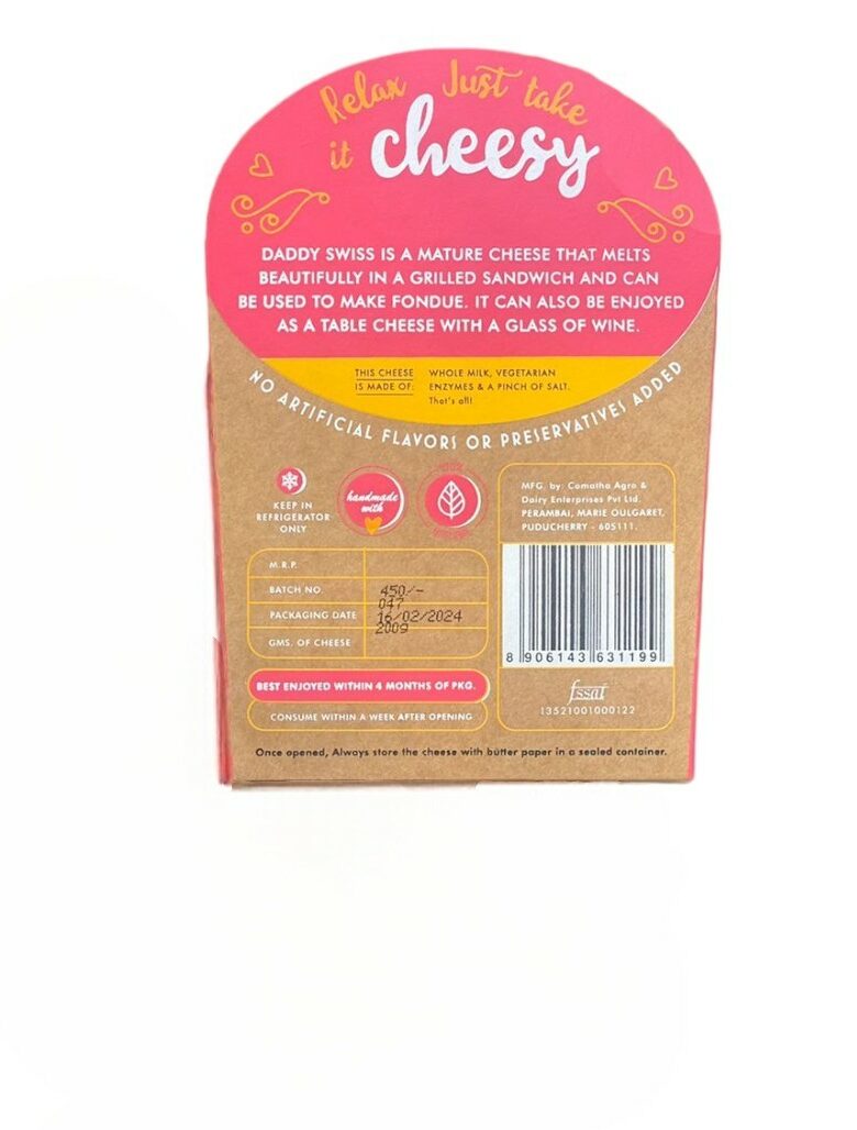 Cheese | Daddy Swiss Cheese (Made From Cow Milk) - Sandwich &amp;amp; Fondue Cheese - 5 Months Aged Artisanal Cheese - 100% Vegetarian - No Artificial Flavors &amp;amp; No Added Preservatives - Le Pondicherry Cheese - 200gm