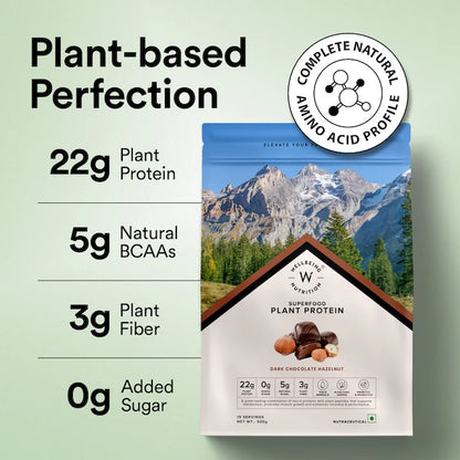 Protein Powder | Superfood Plant Protein - 22gm Plant Protein - Dark Chocolate Hazelnut – Organic - Vegan, Gluten Free, Sugar Free &amp; Dairy Free – Wellbeing Nutrition – 500gm
