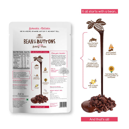 Chocolate Chips | Pure Chocolate - Bean To Buttons - Baking Chocolate Chips - Vegan &amp; Gluten Free - Pink Harvest - 150gm