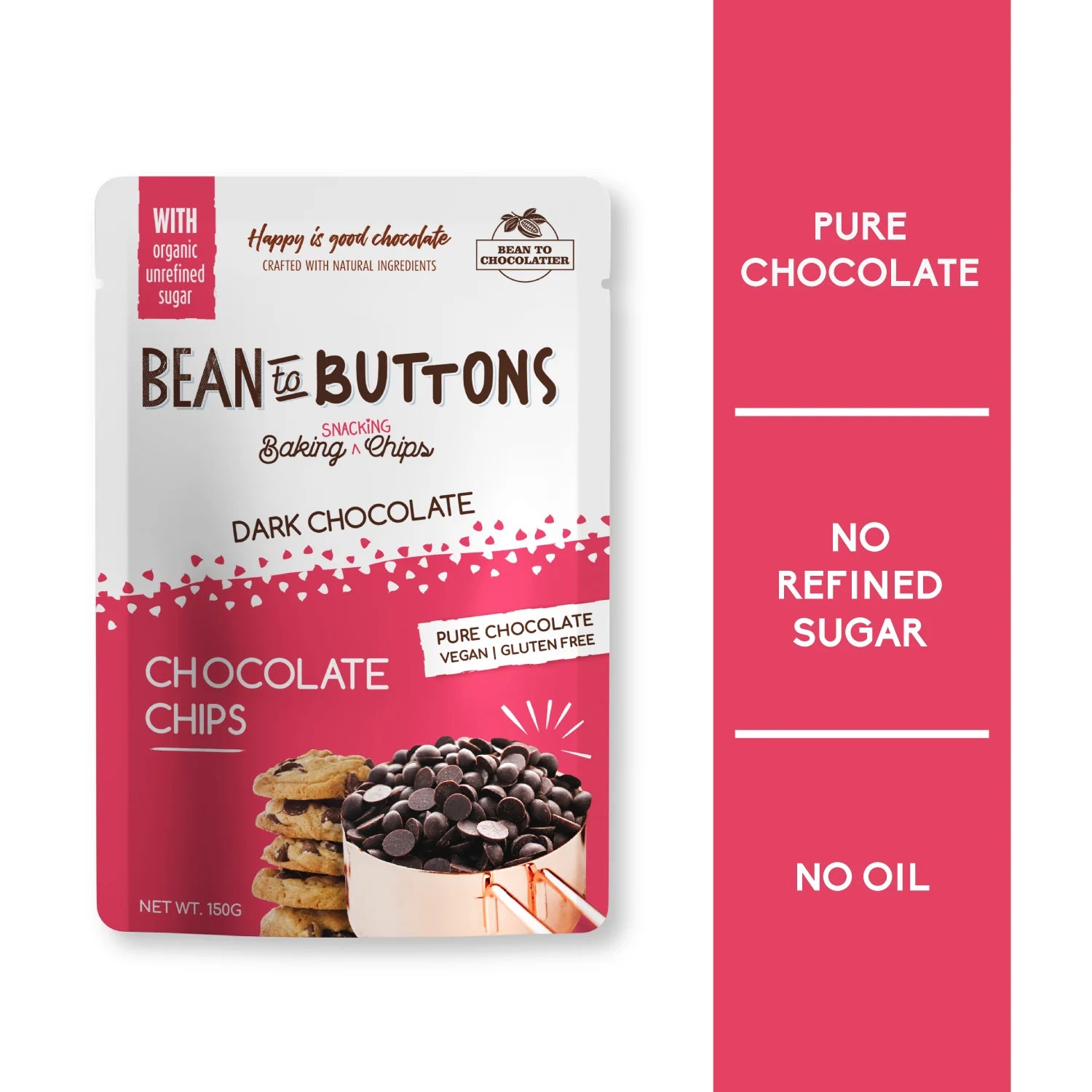 Chocolate Chips | Pure Chocolate - Bean To Buttons - Baking Chocolate Chips - Vegan &amp; Gluten Free - Pink Harvest - 150gm