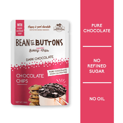 Chocolate Chips | Pure Chocolate - Bean To Buttons - Baking Chocolate Chips - Vegan &amp; Gluten Free - Pink Harvest - 150gm