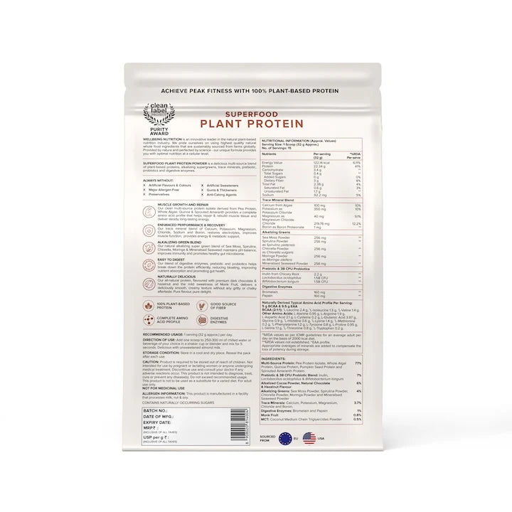 Protein Powder | Superfood Plant Protein - 22gm Plant Protein - Dark Chocolate Hazelnut – Organic - Vegan, Gluten Free, Sugar Free &amp; Dairy Free – Wellbeing Nutrition – 500gm