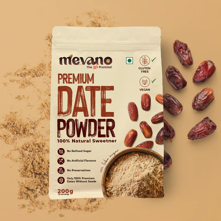 Dates Powder | Premium Dates Powder without Seeds -100% Natural Sweetener  – No Refined Sugar, No Artificial Flavours, No Preservatives-Mevano – 200gm