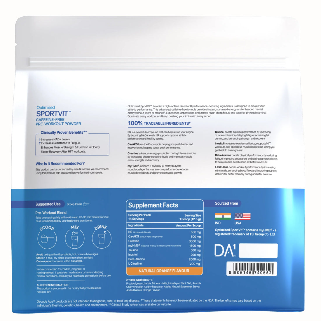 Pre Workout Powder | SportVit - Enhance Muscle Recovery, Energy, Performance &amp; Endurance - Orange Flavour - Pre Workout Supplement - Caffeine free - Gluten Free, GMO Free, Sugar Free, Dairy Free - Decode Age - 175gm