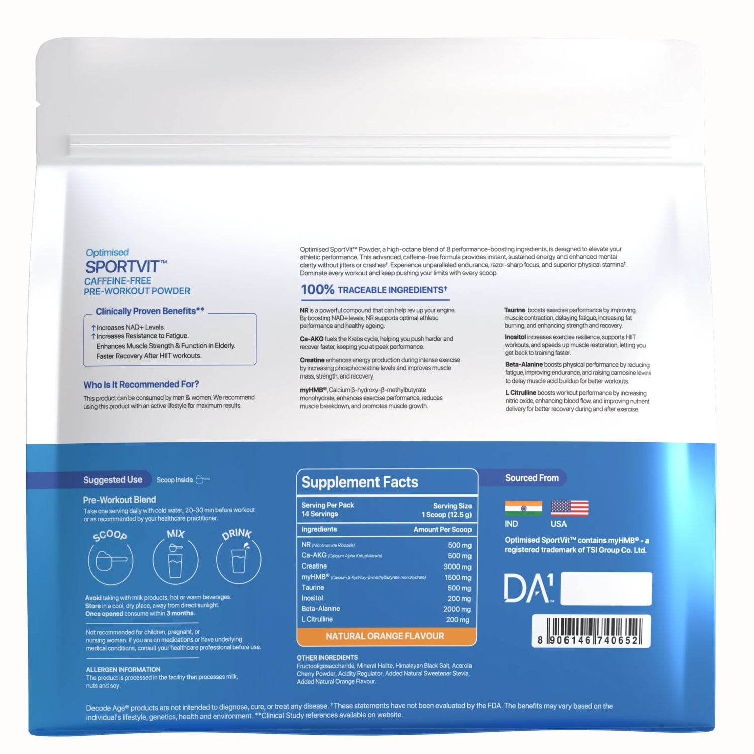 Pre Workout Powder | SportVit - Enhance Muscle Recovery, Energy, Performance &amp; Endurance - Orange Flavour - Pre Workout Supplement - Caffeine free - Gluten Free, GMO Free, Sugar Free, Dairy Free - Decode Age - 175gm
