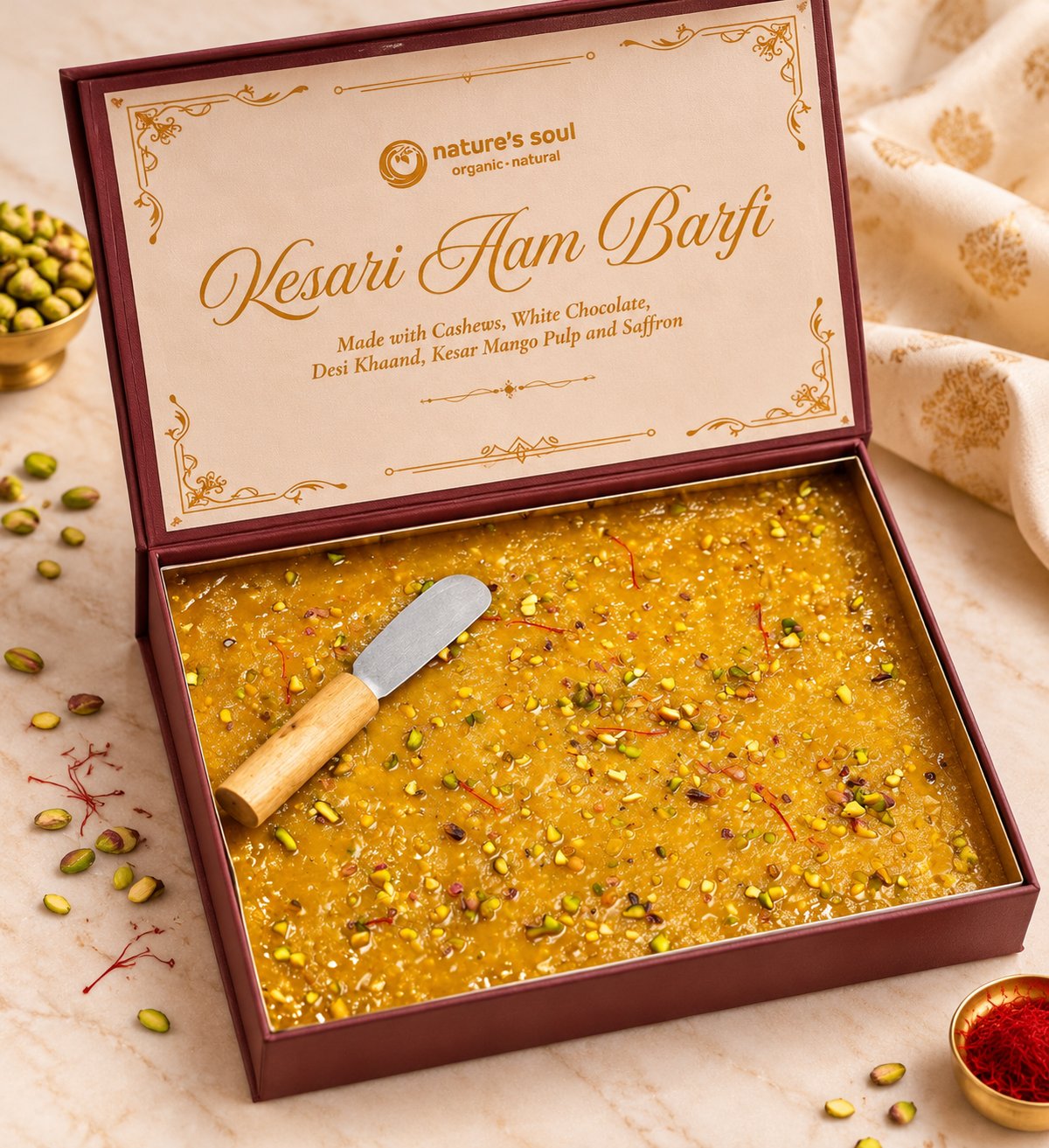 Kesari Aam Barfi - With A Wooden Knife - Vegan, Gluten Free &amp; Refined Sugar Free - 750gm