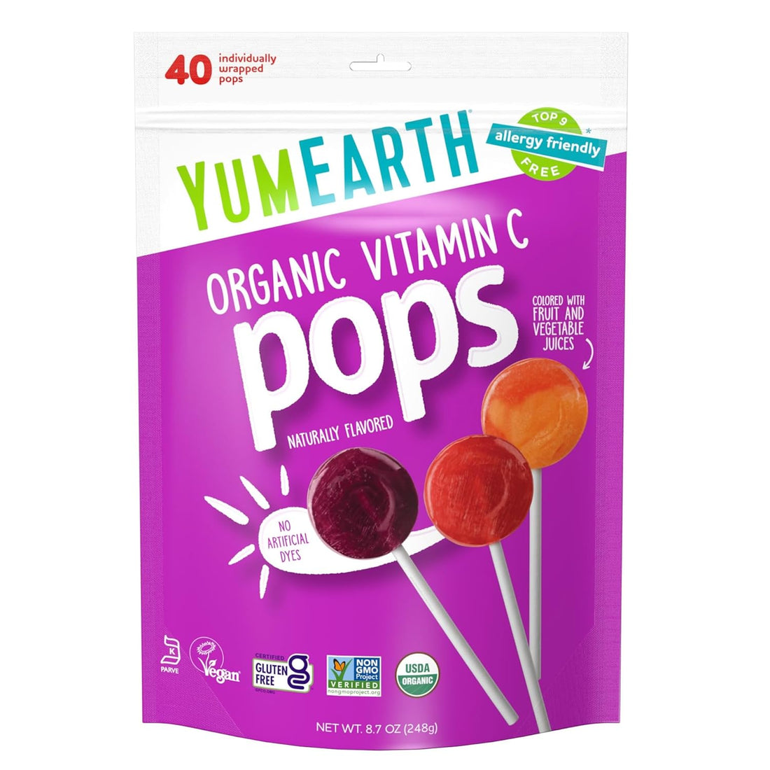 Candy | Organic Vitamin C Pops - USDA Organic - Vegan, Gluten Free, Non GMO &amp; No High Fructose Corn Syrup Or No Artificial Dyes - Yum Earth - 40 Wrapped Pops - 248gm
