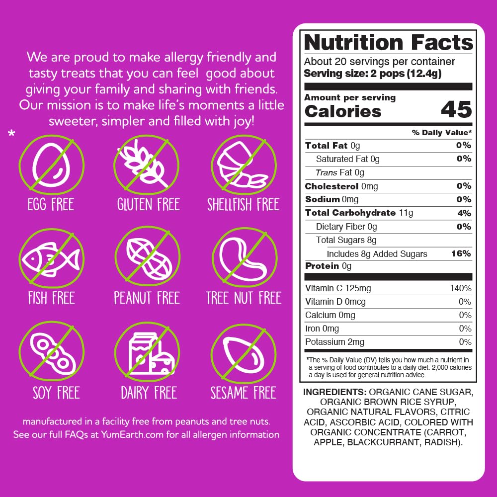 Candy | Organic Vitamin C Pops - USDA Organic - Vegan, Gluten Free, Non GMO &amp; No High Fructose Corn Syrup Or No Artificial Dyes - Yum Earth - 40 Wrapped Pops - 248gm