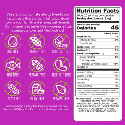 Candy | Organic Vitamin C Pops - USDA Organic - Vegan, Gluten Free, Non GMO &amp; No High Fructose Corn Syrup Or No Artificial Dyes - Yum Earth - 40 Wrapped Pops - 248gm