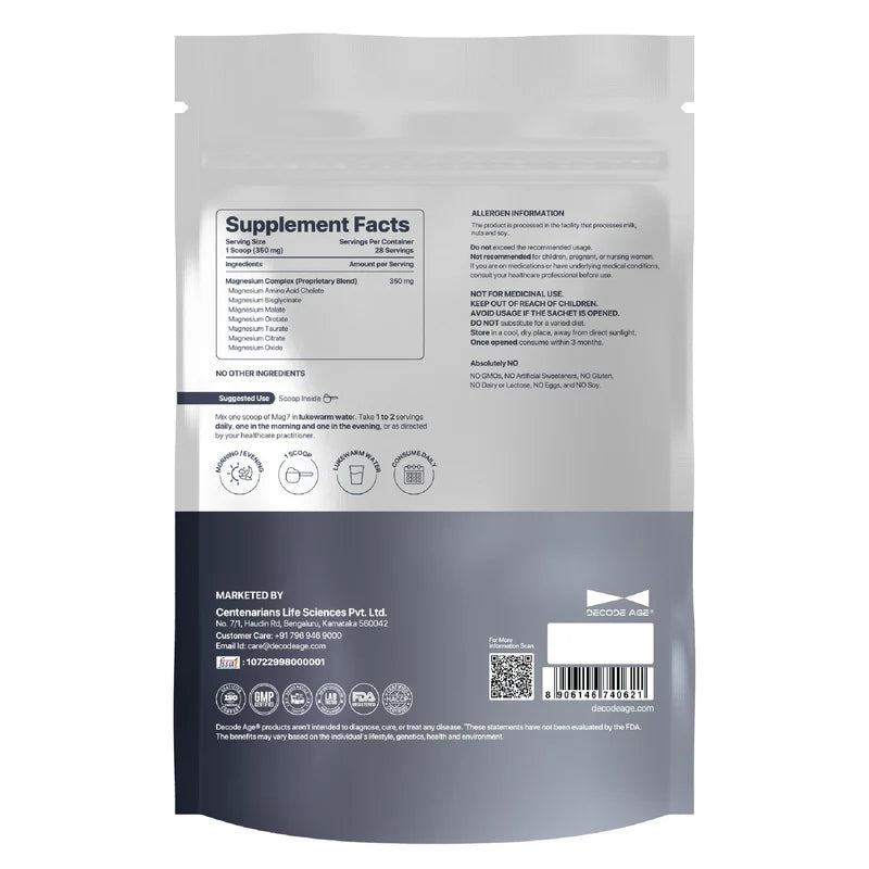 Mag7 Powder | Seven Complex Magnesium – Proprietary Blend – Unflavoured – Supports Relaxation, Recovery And Blood Pressure Regulation - Vegan, Gluten Free, Soy Free, Egg Free &amp; Non GMO - Decode Age – 28 servings – 10gm